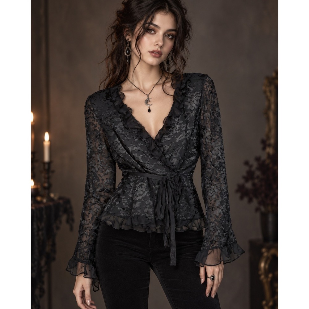 ECI Silk Burnout Floral Ruffle Wrap Top Y2K  Romantic Whimsigoth 8 Fairy Goth